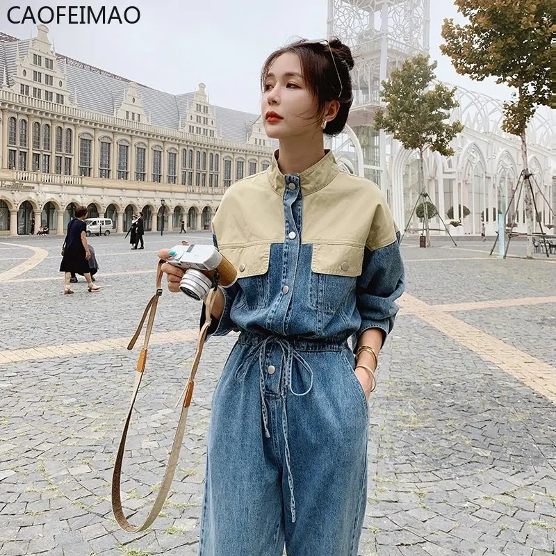 2023 Women Fashion Splice Denim Jumpsuit Long Sleeve Drawstring Slim Straight Jeans Streetwear Safari Style One Piece Overalls