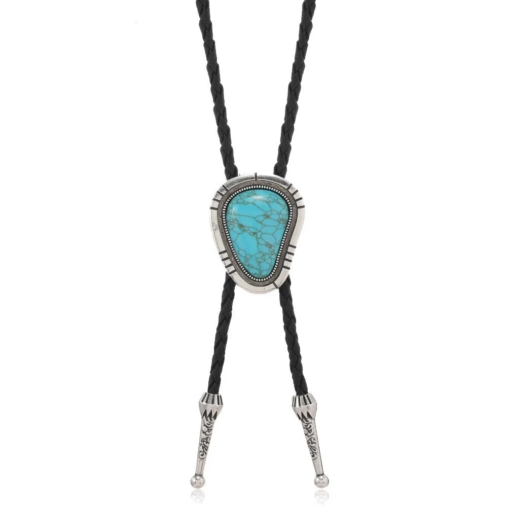 Vintage Artistic Bolo Tie Turquoise Inlaid Round Disc Retro Tie Personality Antique Silver Sweater Chain Bolo Tie