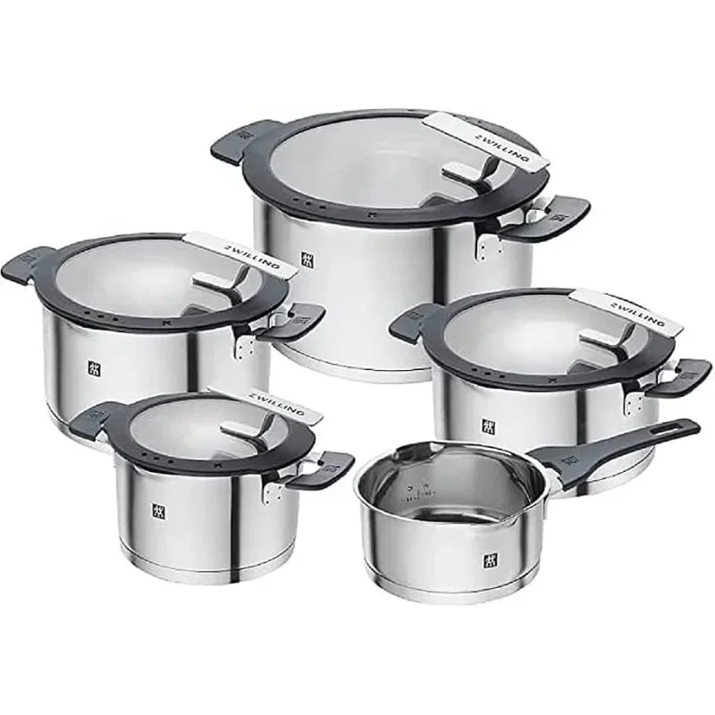 ZWILLING Simplify 9 Piece Premium Stainless Steel Kitchen Cookware Set- Grey Pots Set, Induction Compatible, Stainless Steel