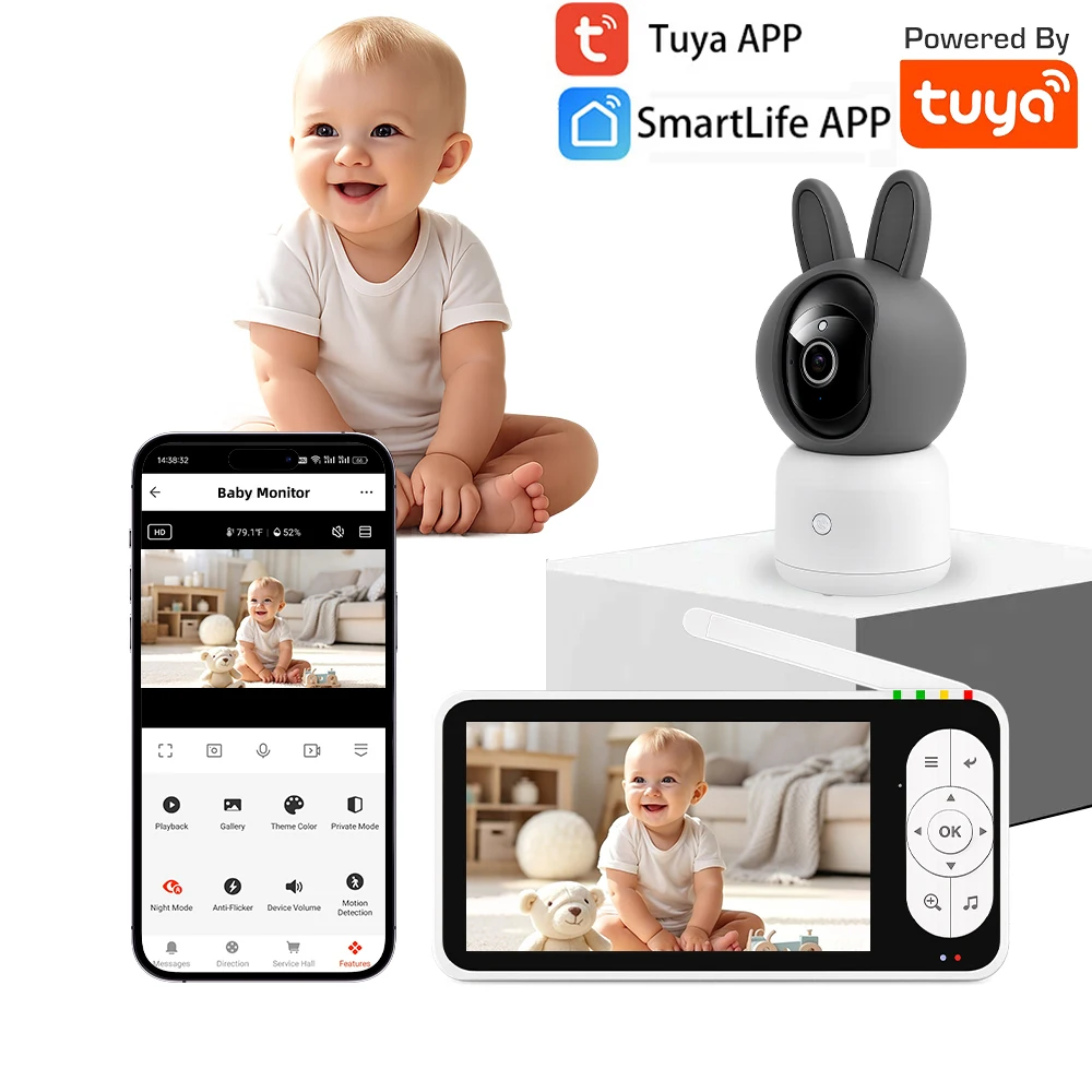 Tuya Baby Monitor PTZ Camera WiFi APP Remote View + 5Inch Monitor Local View Baby Sitter Two Way Audio Night Vision Baby Phone