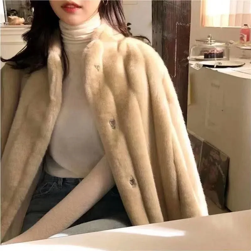 New Imitation Mink Fur Coat Women's Long Plush Stand Collar Faux Mink Fur Korean Loose Outwear Autumn And Winter Female Top