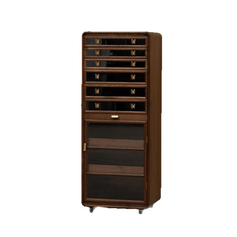 

Black walnut solid wood mobile side cabinet Floor-to-ceiling Wenwan jewelry locker with wheels Tea set storage cabinet