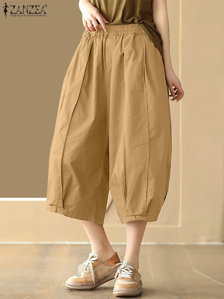 

ZANZEA Woman Casual Loose Wide-Leg Pants 2025 Summer Elastic High Waist Pintuck Detail Solid Color Mid-Length Cropped Trousers
