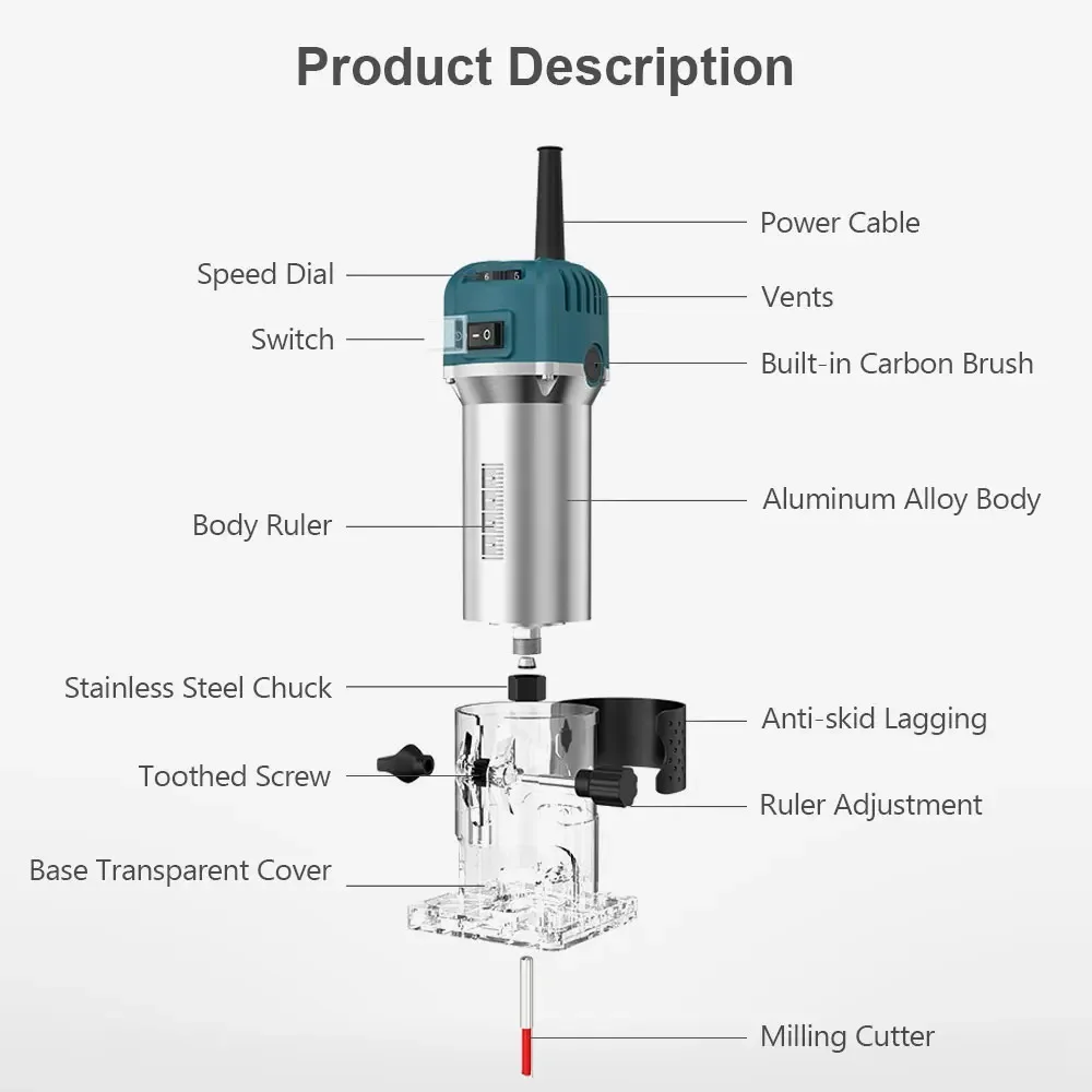 6 Speeds 800W Hand Wood Router Woodworking Electric Trimmer 110/220v for 6.35mm 30000rpm Milling Cutter Machine Power Tools