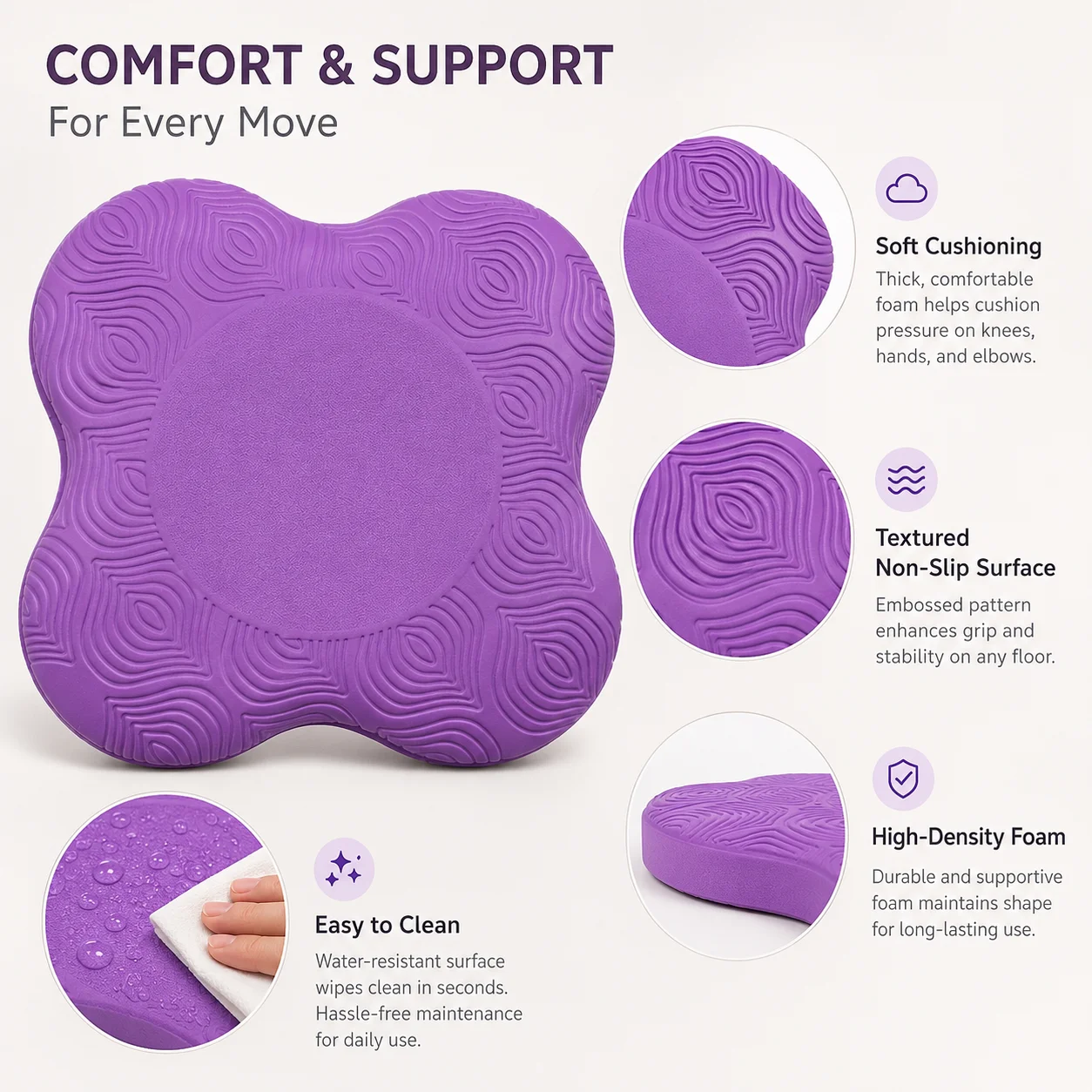 Almohadilla de Yoga para Rodillas, Cojín de Espuma Antideslizante, Tapete de Soporte para Rodillas, Manos y Codos, Pilates, Fitness, Ejercicio en el Suelo, Almohadilla de Equilibrio Morada para Gimnasio en Casa