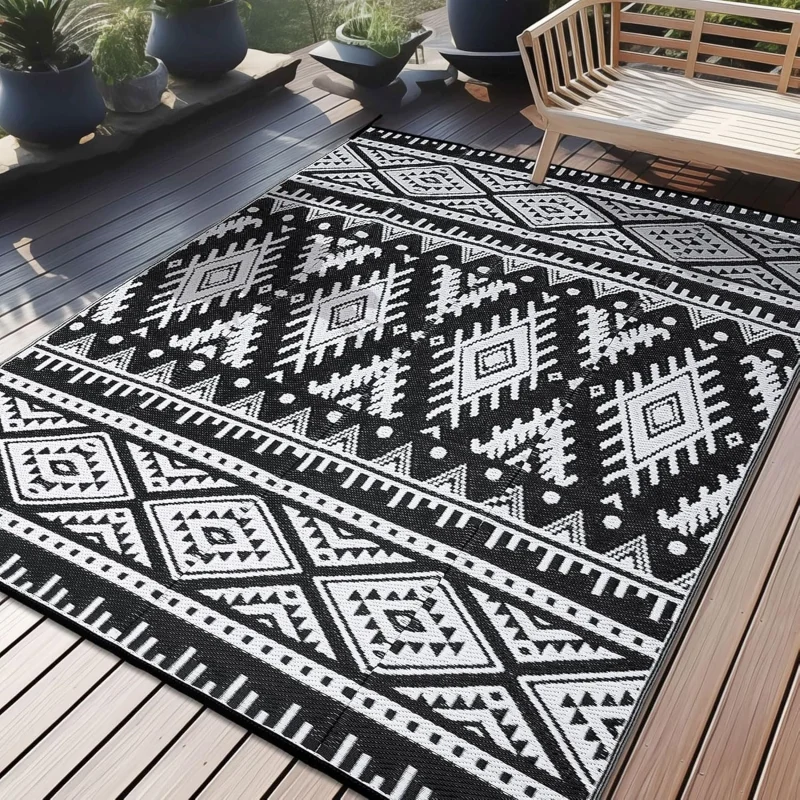VIKAMA Tapis d'extérieur géométrique bohème antidérapant et résistant à l'usure pour balcon, terrasse, camping, pique-nique, camping-car, décoration de la maison