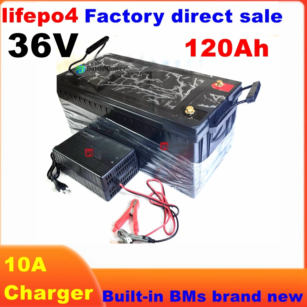 waterproof 36V 120AH lifepo4 chargeable lithium battery for 3600w tricycle UPS vehicle E-moped bike scooter boat 10A Charger