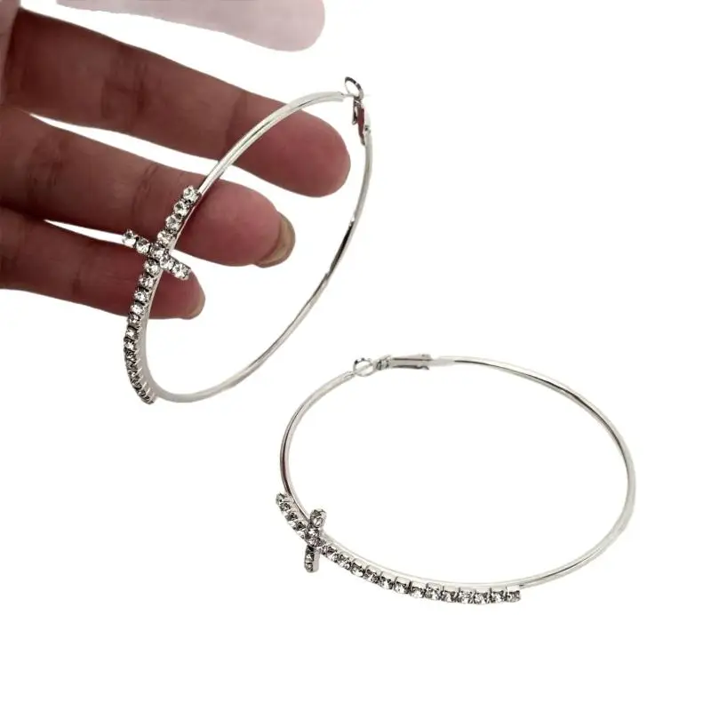 Shiny Big Circel Cross Hoop Earrings For Women Exquisite Rhinestones Ear Buckles High-end Geometric Jewelry Gift