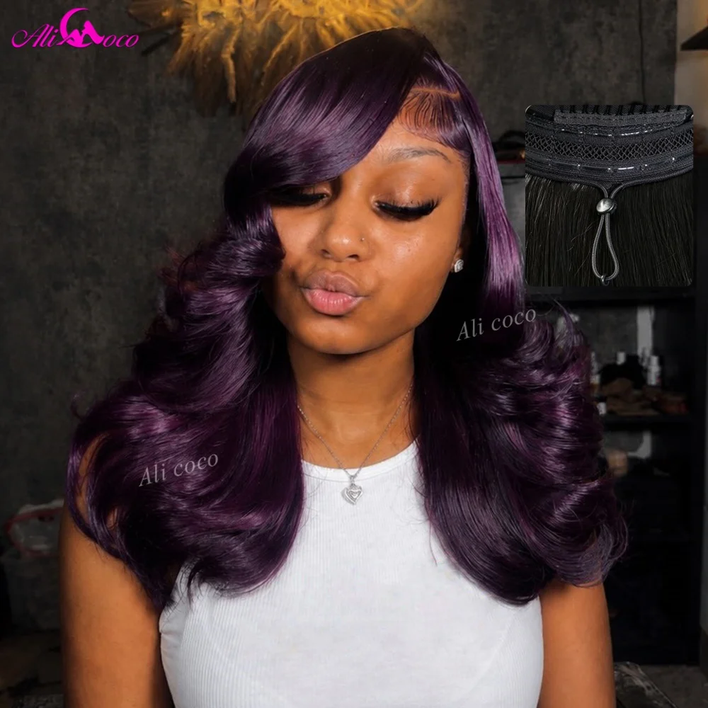 Drawstring Grape Purple New Upgrade 200 Density Wig Lace Front 14A Human Hair Glueless Invisible HD Pre-cut Body Wave Remy