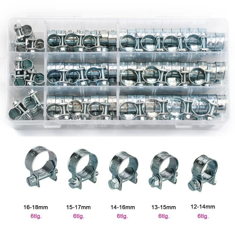 60pcs Car Fuel Line Hose Clips Hoses Clamps Set Mini Carbon Steel Air Hose Clamp Diesel Petrol Pipe Clips 7-18mm