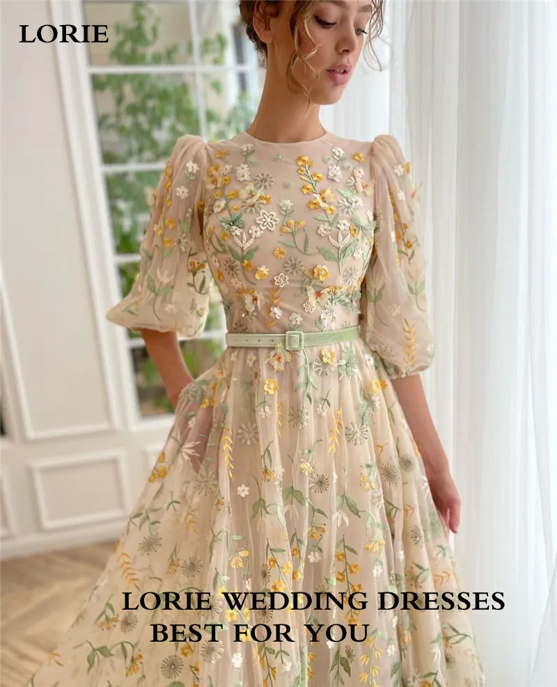 Customized O-Neck Embroidered Flowers Prom Dresses With Puff Half Sleeve Floral Long Evening Dress With Belt For Graduation