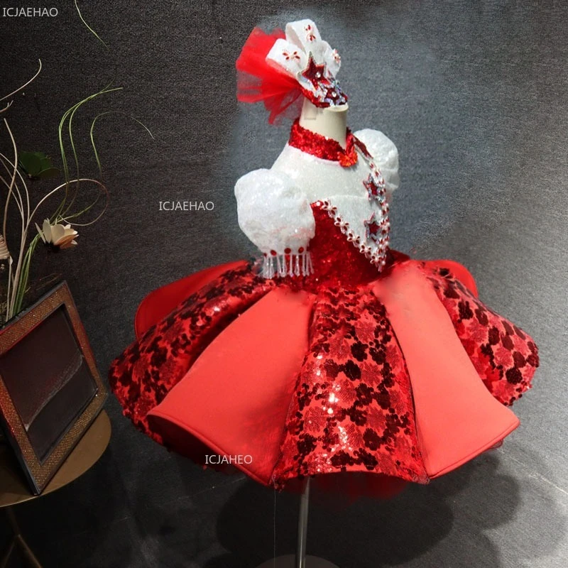 

Детское платье-ципао для девочек в китайском стиле с красными звездами, для модных показов, праздников, выступлений, с воротником, для ведущих, для детей