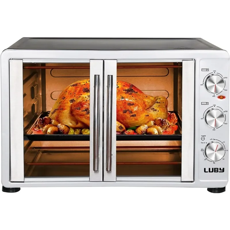 

LUBY Large Toaster Oven Countertop, French Door Designed, 55L, 18 Slices, 14'' pizza, 20lb Turkey, Silver