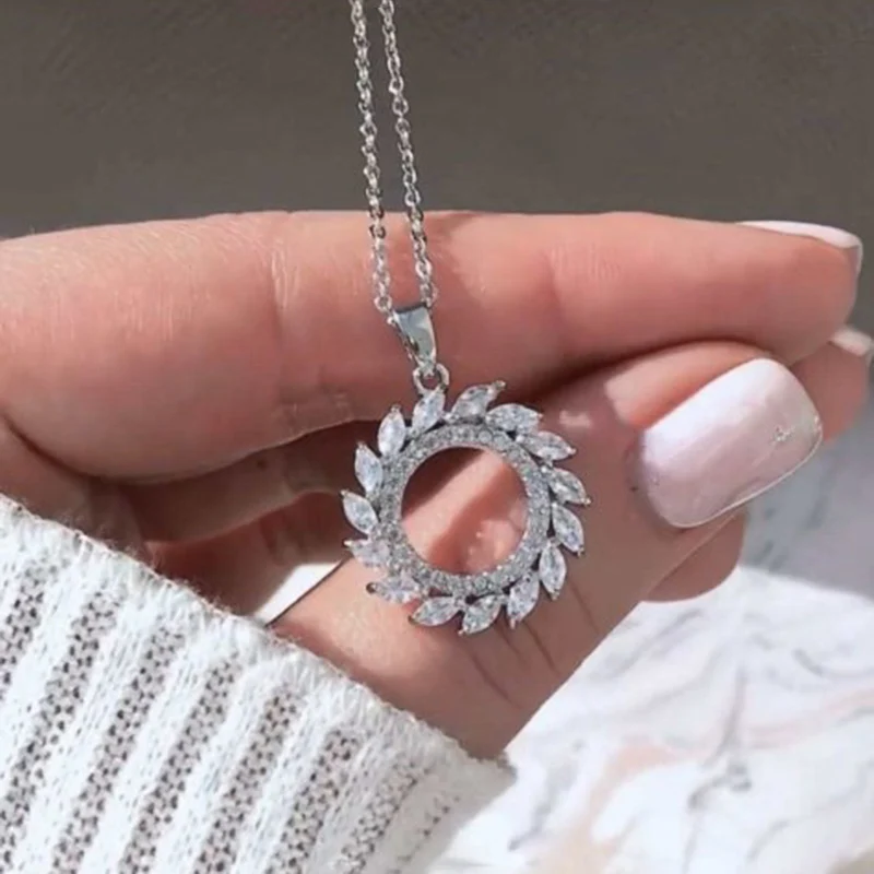 Huitan Fashion Circle Shaped Pendant Necklace with Marquise Cubic Zirconia Versatile Design Necklace for Women Wedding Jewelry