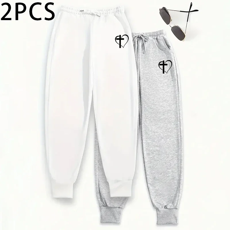 بنطال رياضي نسائي بطبعة متقاطعة على شكل قلب مكون من قطعتين ملابس صالة غير رسمية ناعمة للركض في الخريف والشتاء مريح مناسب للاستخدام اليومي طقم مكون من قطعتين #3