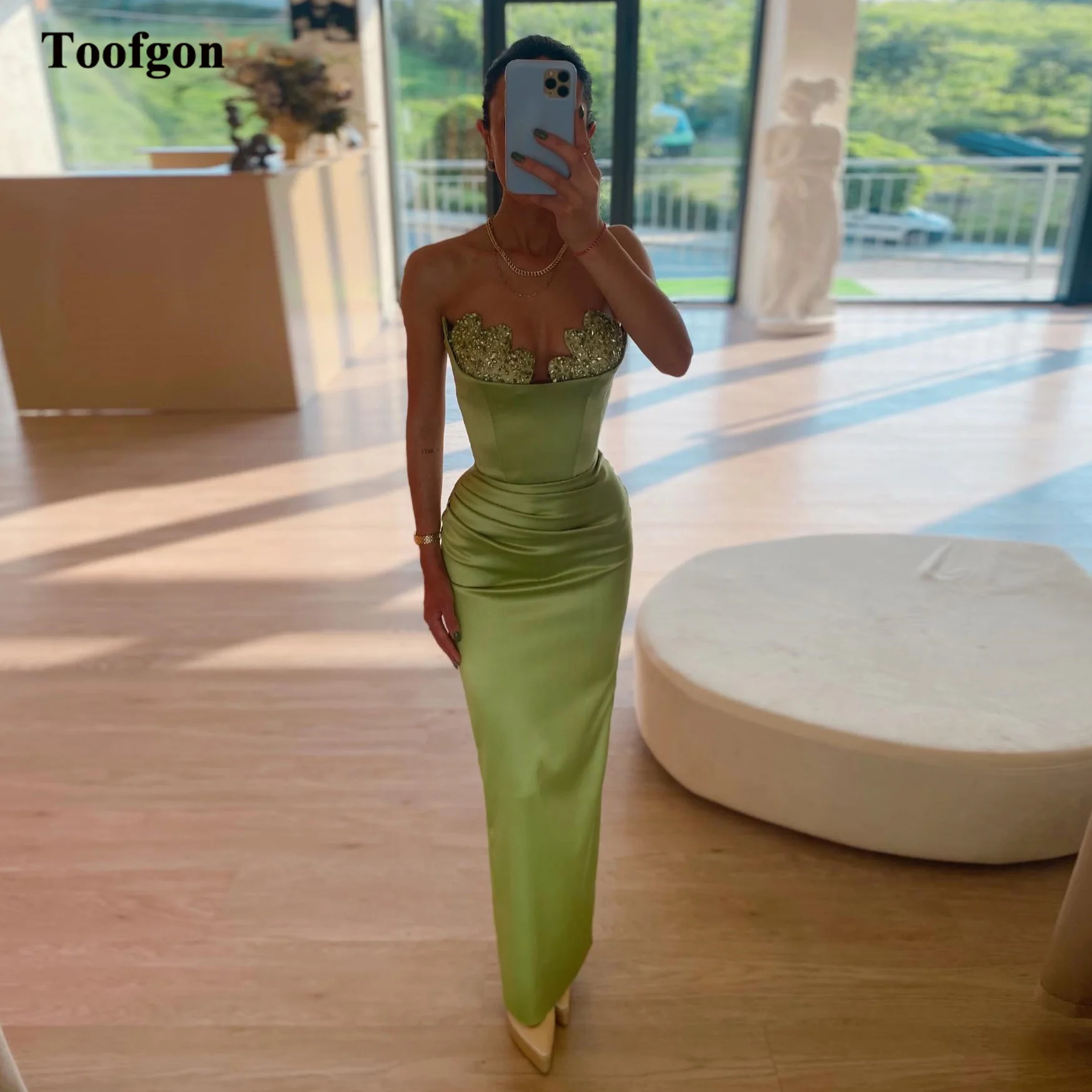 

Toofgon Green Mermaid Stretch Satin Evening Dresses Beaded Ankle Length Formal Prom Gowns Fishtail Women Special Party Dress