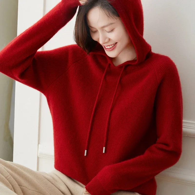 2023 Spring Autumn New Womens 100% Cashmere Sweater Fashion 6 Colors Female Knitted Hooded Pullover Loose Soft Knit Classic