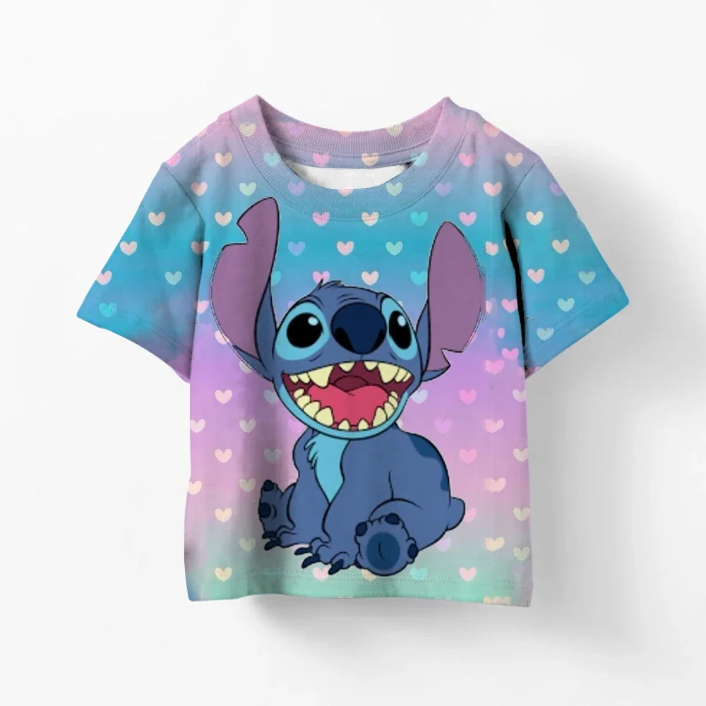 

2025 Summer Girls Kawaii Stitch T-shirt Child Girl Clothing Toddler Tees Children Clothes Short Sleeve Kids Boy Cartoon Tee Top