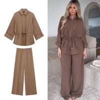 TFMLN 2025 Spring Summer Women Solid Blouse Pant Sets Fashion Lapel Single Breasted Drawstring Top Elastic Waist Pant Outfits