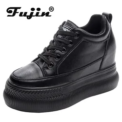 Fujin 10 cm scarpe da donna in vera pelle di mucca piena scarpe da ginnastica con zeppa con plateau scarpe bianche tacco nascosto scarpe primavera autunno estate