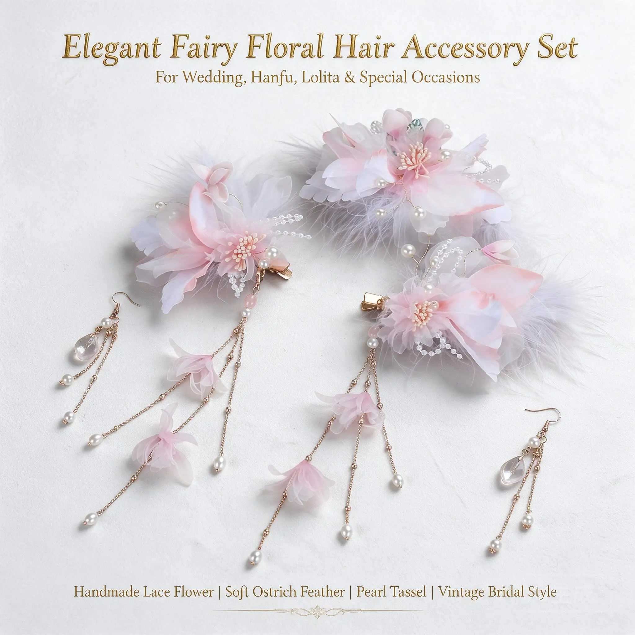 Fairy Hanfu Hair Clips Set Feather Silk Yarn Flower Tassel Side Clips Ancient Chinese Style Hair Jewelry With Earrings For Women