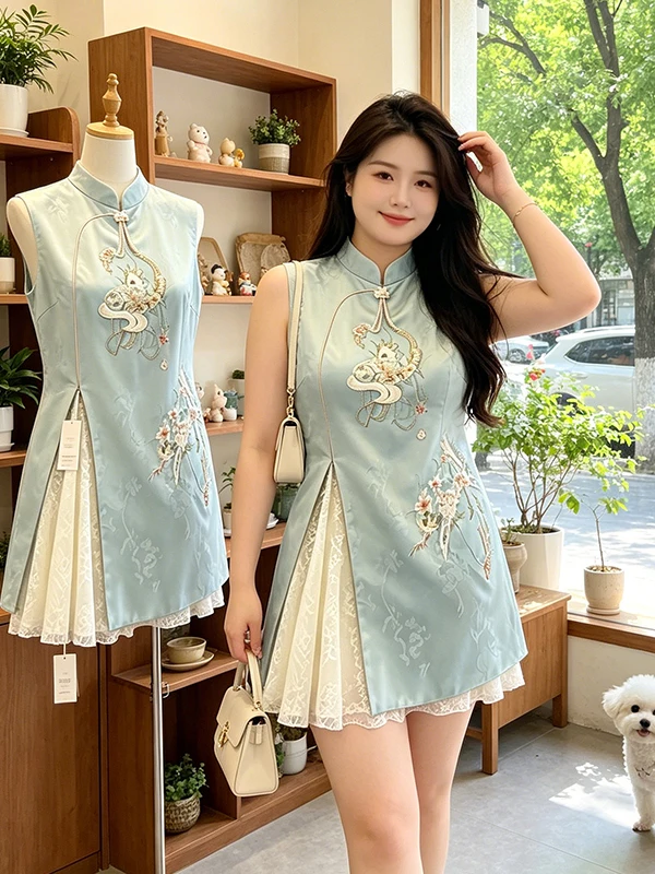 

Large Size New Chinese Style Embroidered Sleeveless Top And A-Line Mesh Short Skirt Set Women Summer New Beautiful Two-Piece Set