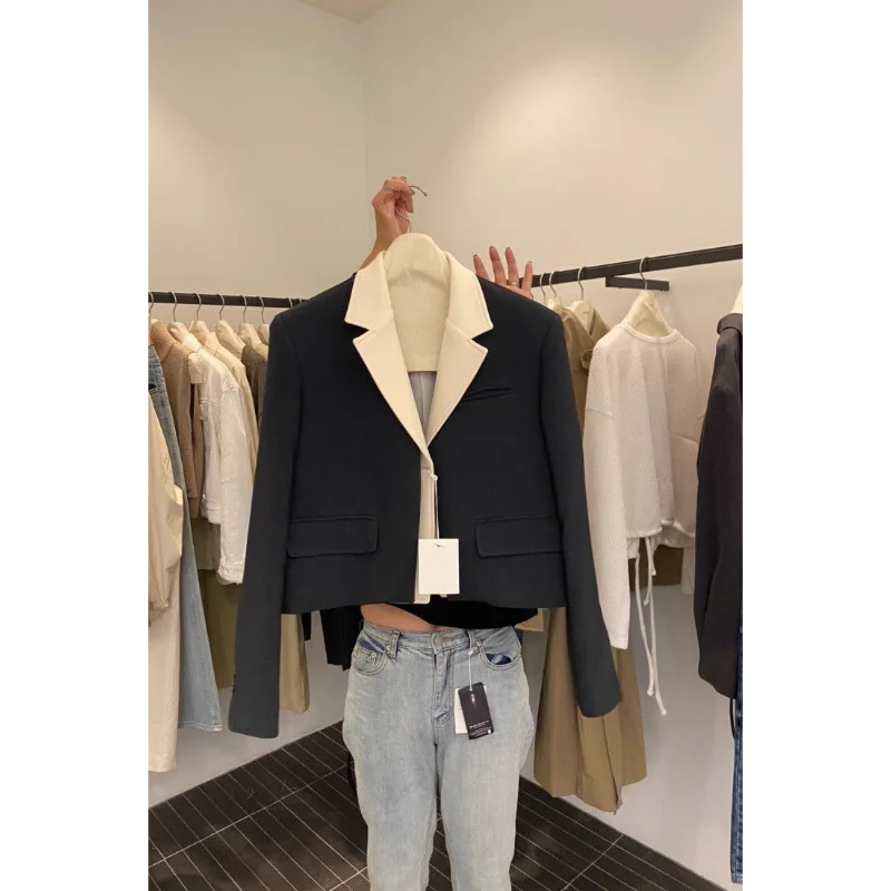 New Design Niche Splicing Contrasting Color Lapel Casual Suit Short Jacket for Women