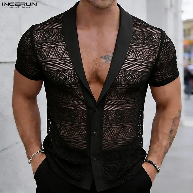 

INCERUN Men Shirt Lace Mesh See Through V Neck Short Sleeve Men Clothes Streetwear Sexy 2026 Fashion Casual Tops For Man Camisa