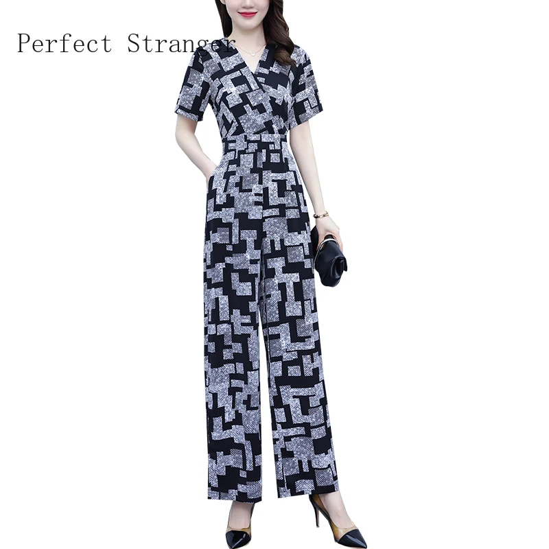 2022 Summer Women Casual Short Sleeve  V-Neck Jumpsuits Ladies Plaid Bodysuit Loose Long Pencil Side Slit Pants Women Jumpsuit