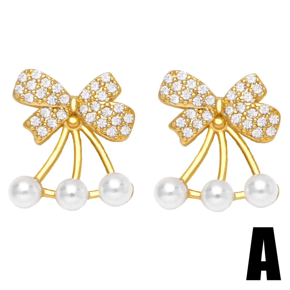 FLOLA Sweet White Pearl Cherry Earrings for Women Copper CZ Crystal Moon Earrings Small Jewelry Gifts ersa015