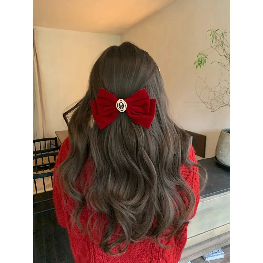 New Wine red Velvet Bow Hair Pins Elegant Fabric Alloy Roses Hair Clips for Women Fashion ponytail Barrette Heawear Accessories