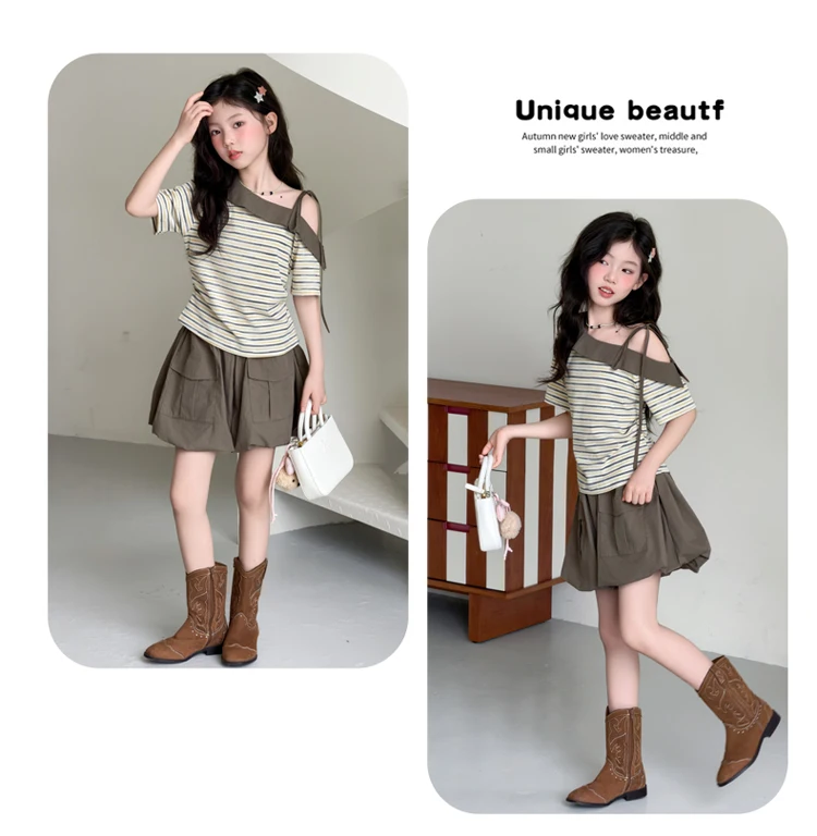 Sommer-Outfits für Teenager-Mädchen: Modisches Schulterfreies Gestreiftes Oberteil + Bloomer-Shorts, Kinderkleidung, Zweiteilige Sets, 6 8 10 12 14 Jahre – Detail 5
