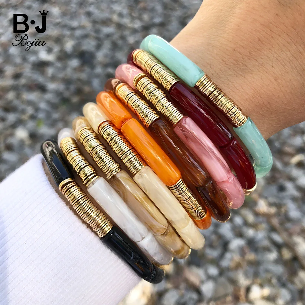 New Fashion Vintage Round Acrylic Resin Bamboo Tube Cuff Bangle Golden Metal Beaded Charm Bracelets Women Elastic Jewelry BC395