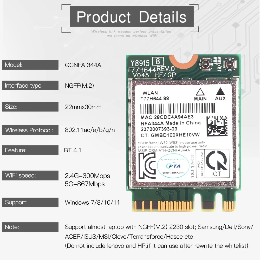 QCNFA344A 867Mbps 802.11AC For Bluetooth 4.1 WLAN Wireless WiFi Card Qualcomm Atheros QCNFA344A Dual Band Wi-Fi NGFF M.2 Card