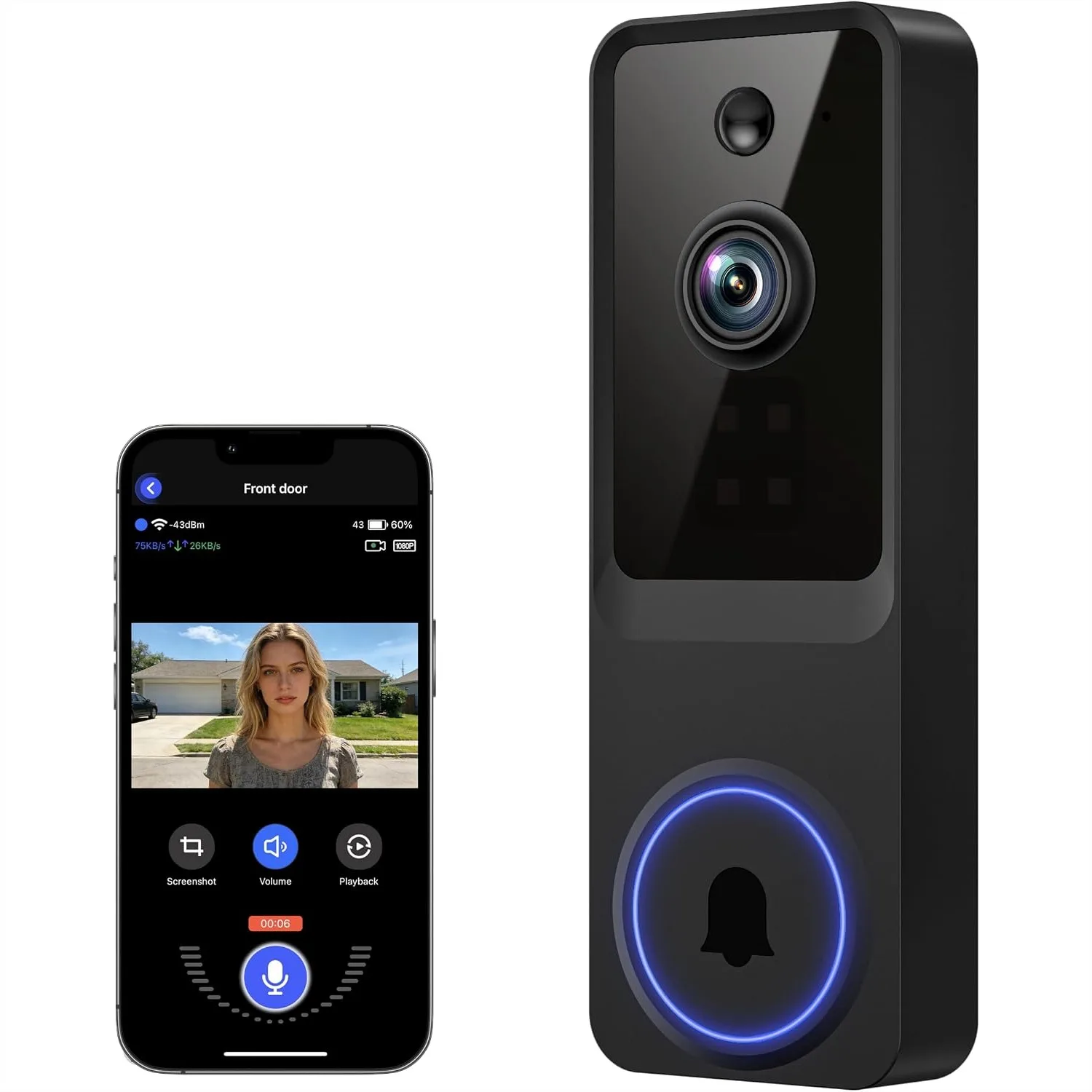 

1080P Wireless Video Doorbell Camera with AI Human Detection, 2-Way Audio, Night Vision, 5200mAh Battery