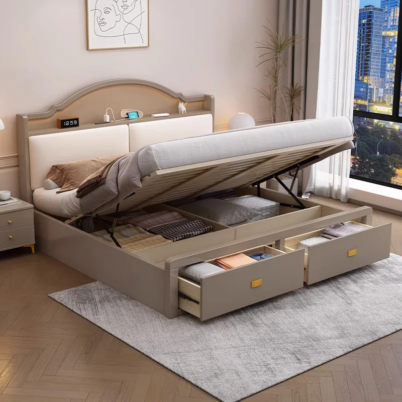 

American style solid wood bed modern minimalist and luxurious 1.8m master bedroom high box storage drawer storage bed