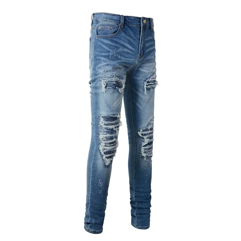

EU Drip Jeans Dark Blue High Street Slim Fit Distressed Holes Ribs Patchwork Stretch Ripped Jeans For Young Boy