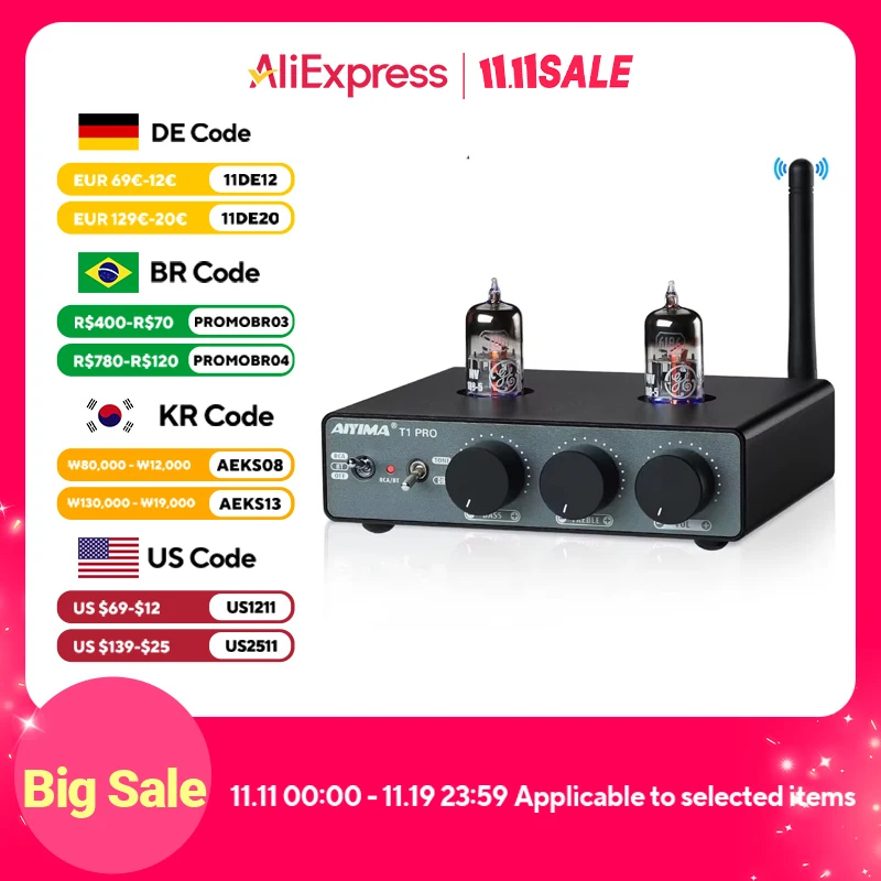 AIYIMA T1 PRO Vacuum Tube Preamplifier Amplifiers Home Audio RCA Bluetooth Input Bass Treble Control HiFi Stereo AUX 12V Trigger