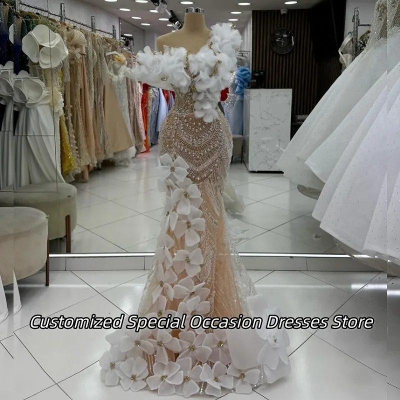 الشمبانيا الترتر قبالة الكتف فساتين السهرة للنساء رائعة مطرز الزهور حفل زفاف فستان فساتين حفلات مخصصة