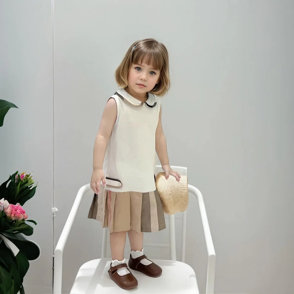 Girls Dress2025 New Summer Toddler Kids Cotton Dresses  Baby Pleated Dress Lovely Children Clothes Turn-down Collar Girl Tennis