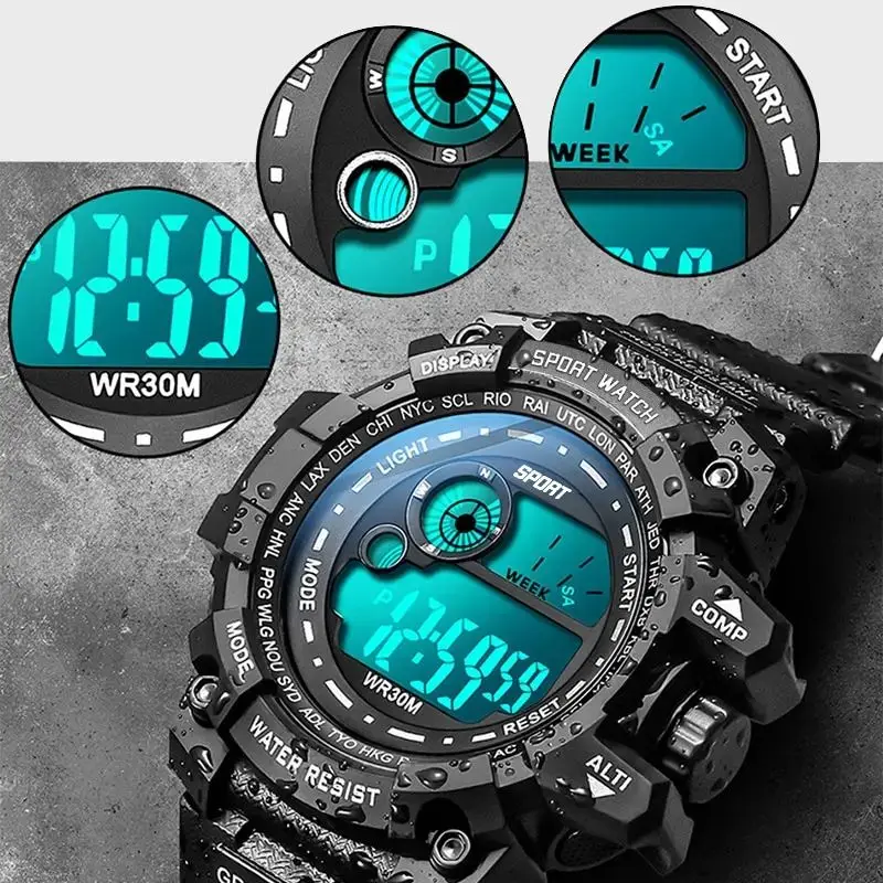 YIKAZE Men Sports Watch Waterproof LED Digital Watch Big Dial Fitness Sport Watches Multifunction Electronic Wristwatch for man