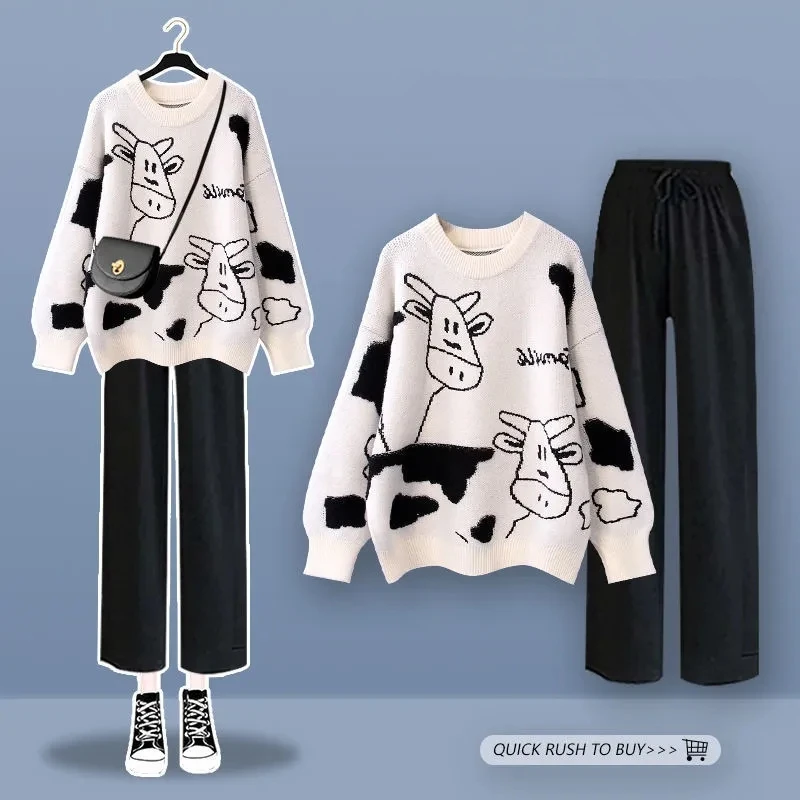 2024 Spring Autumn Women Cute Cartoon Sweater Wide Leg Pants 1 or Two Piece Set Korean Lady Casual Loose Knit Tops Jeans Outfits