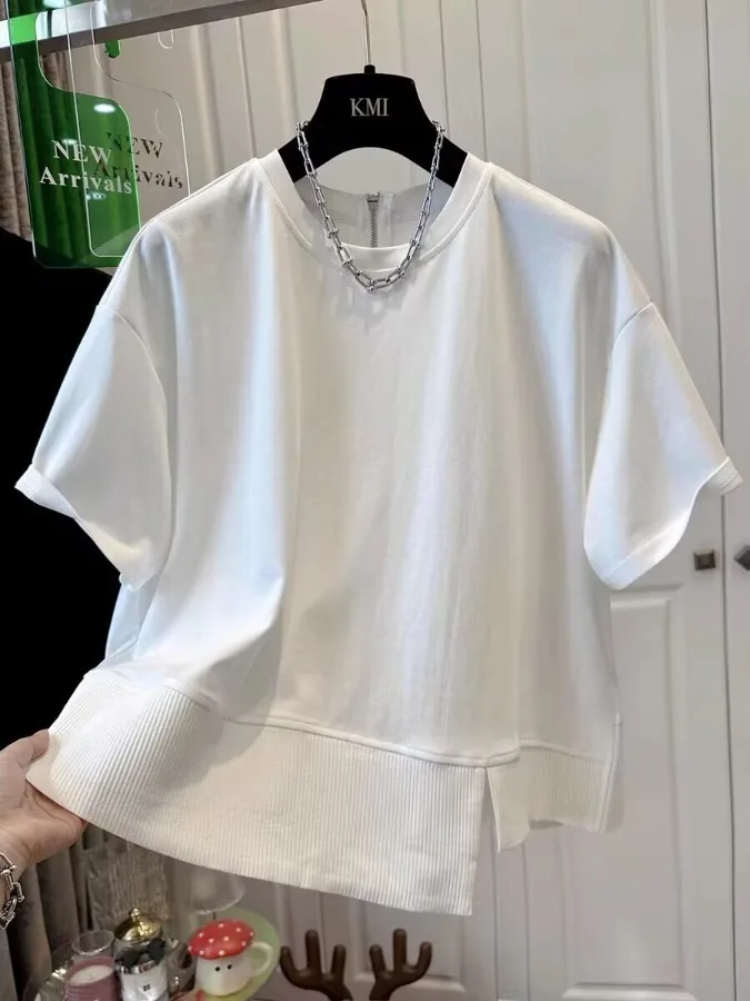 Onregelmatige Splicing Dames T-shirt F Sve Ronde Ne Losse Faionable Unieke Zomer Nieuwe Sle Top Casual Streetwear