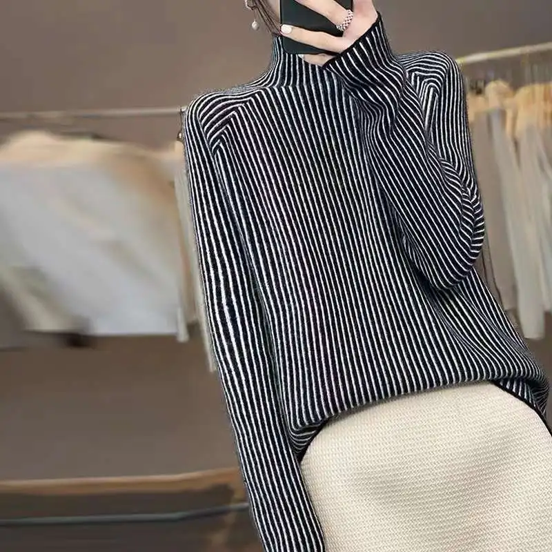 Autumn and Winter New Women\'s Pullover Wool Half High Neck Panel Vertical Stripe Long Sleeve Elegant Fashion Sweater Casual Top