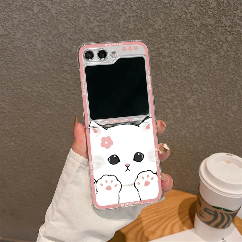 Cute Cartoon Cat Phone Cases for Samsung Galaxy Z Flip 5 ZFlip 6 Clear Cover for Samsung ZFlip 4 3 Hard Shockproof Shell Fundas
