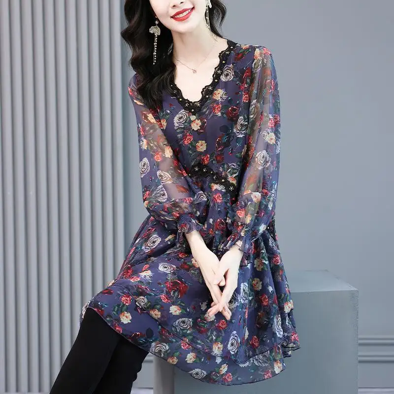 2024 Spring Summer New Office Lady Patchwork V-neck Long Sleeve Ladies Fashion Floral Mid Length Top Women Clothing Korean Tops