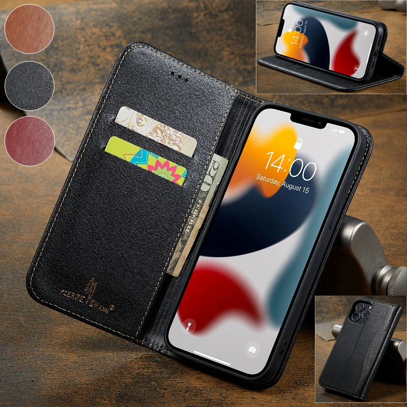 

Luxury Genuine Leather Flip Case Phone Cover For iPhone 15 14 Plus 13 12 11 Pro XR XS Max Magnetic Wallet Card Phone Case