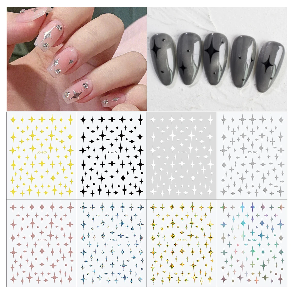 1pc 3D Lightstar Manicure Stickers Four Point Sparkling Star Nail Decals Laser White Black Shining Self-adhesive Nail Art Decor