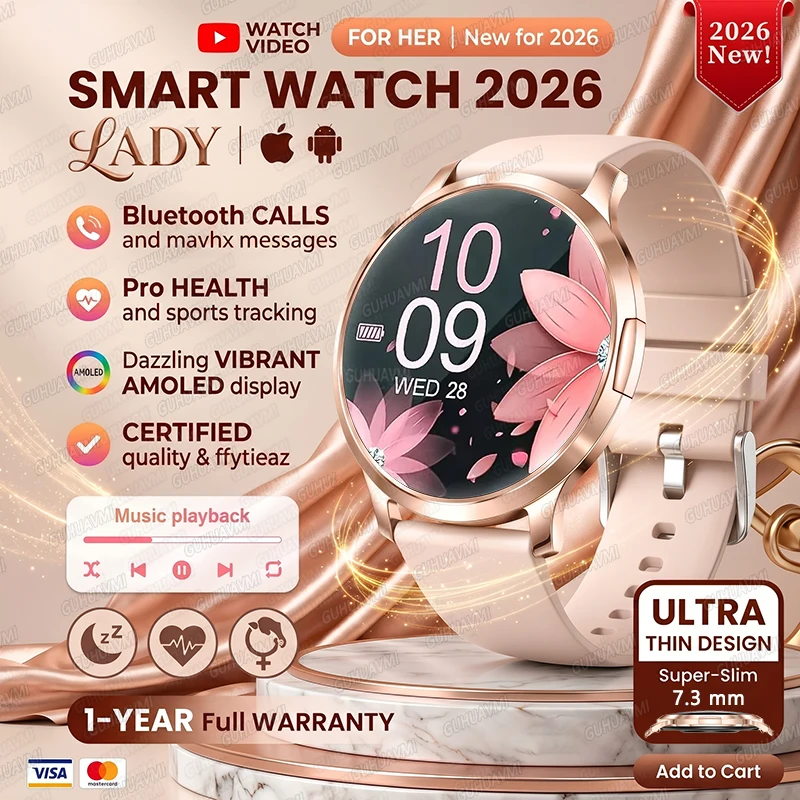 Новые смарт-часы 2026 года: тонкий корпус 7,3 мм, HD-дисплей, звонки, сообщения, спортивный фитнес-браслет, настраиваемый циферблат, водонепроницаемые часы для женщин и мужчин