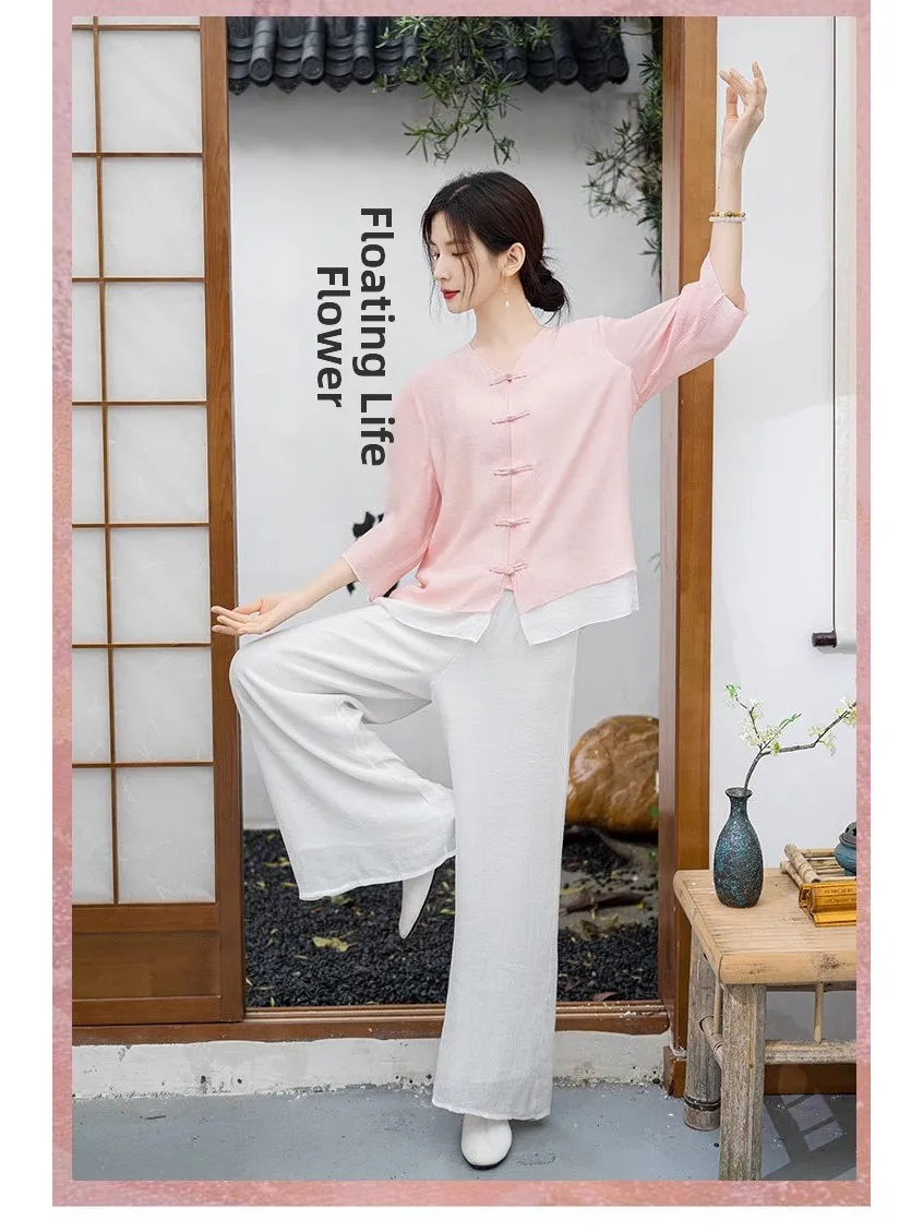 Autumn Summer New Cotton Linen Tai Chi orm Women's Chinese Sle Retro Artistic Tea Clothing Yoga Set Loose Meditation